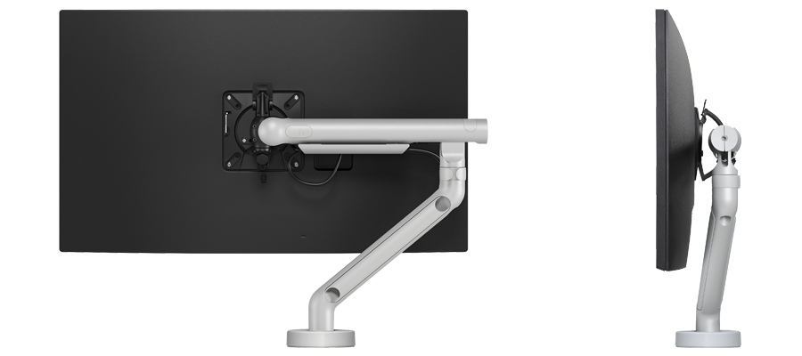Achter- en zijaanzicht van een CBS Flo-monitorarm met een bevestigd scherm.