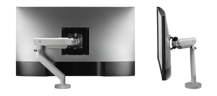 Achter- en zijaanzicht van een CBS Flo X-monitorarm met een bevestigd scherm.