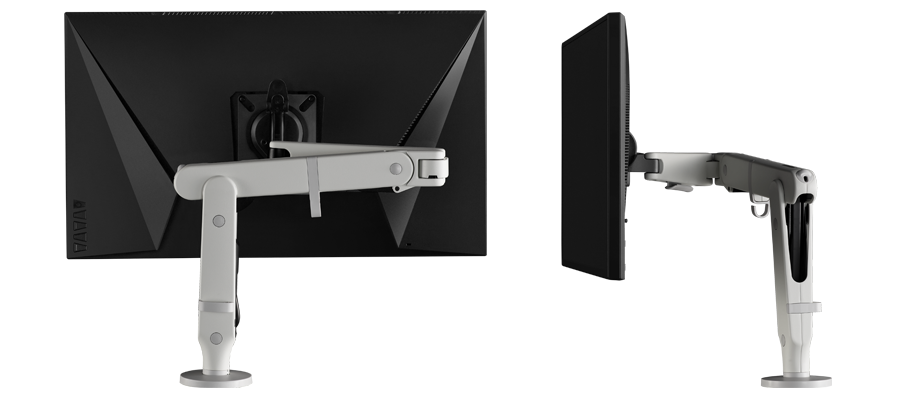 Achter- en zijaanzicht van een CBS Flo X-monitorarm met een bevestigd scherm.