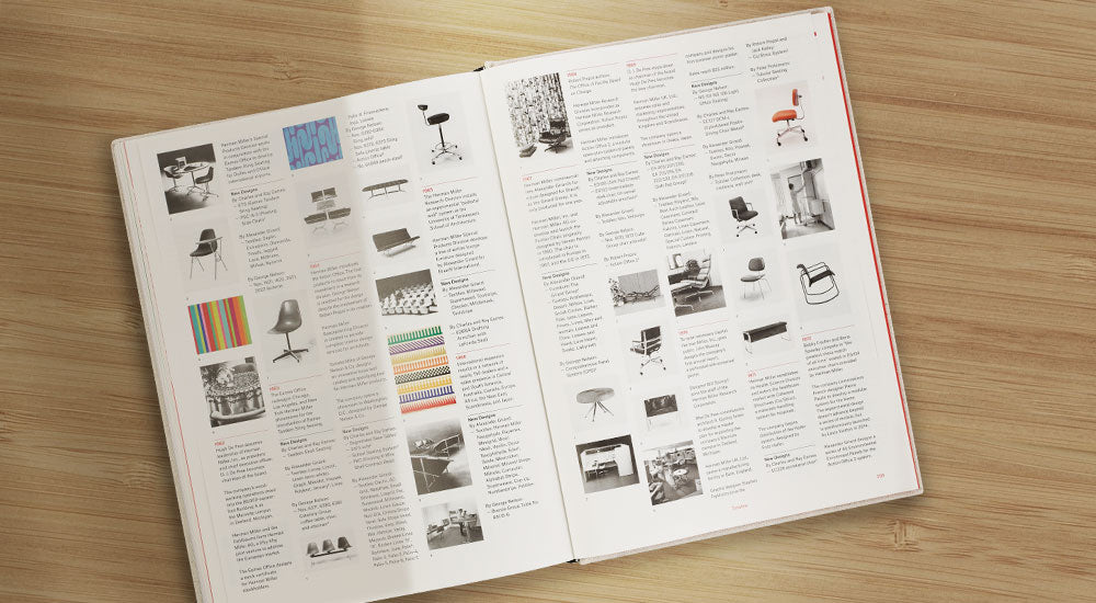 Bovenaanzicht van een open boek van Herman Miller - A Way of Living. De pagina's tonen kleine afbeeldingen van klassieke en innovatieve producten van Herman Miller.