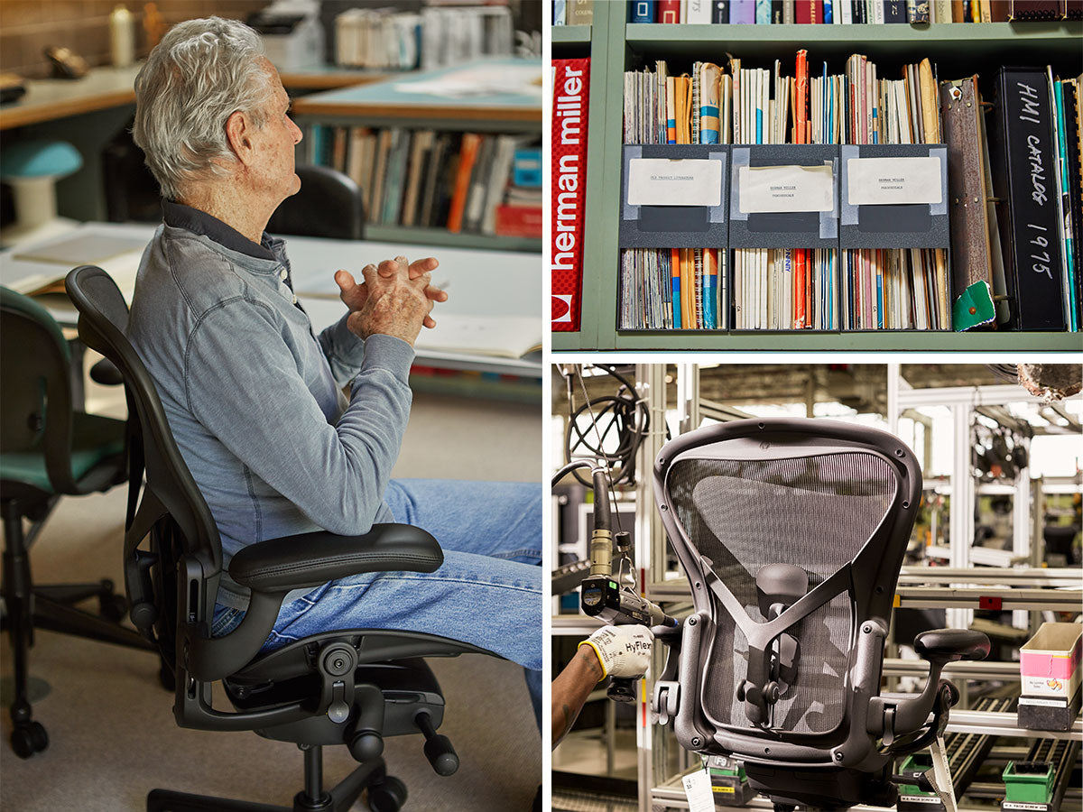 Drie foto's in rasterformaat, waaronder een zijaanzicht van Aeron-ontwerper Don Chadwick in een Aeron-bureaustoel, een plank met documenten over ontwerp en ergonomie en ten slotte een Aeron in productie