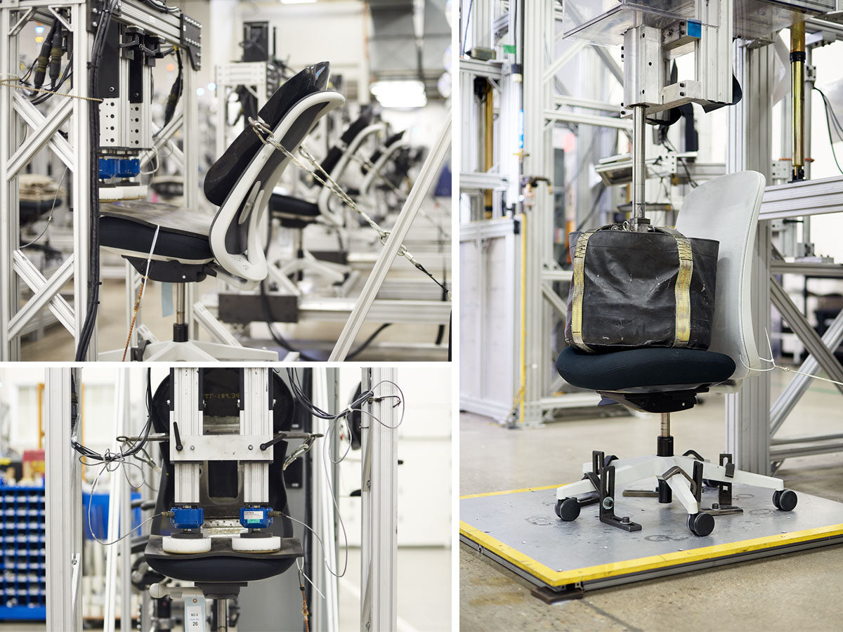 Drie foto's die enkele van de kwaliteitstests laten zien die Herman Miller-stoelen ondergaan in het testlaboratorium