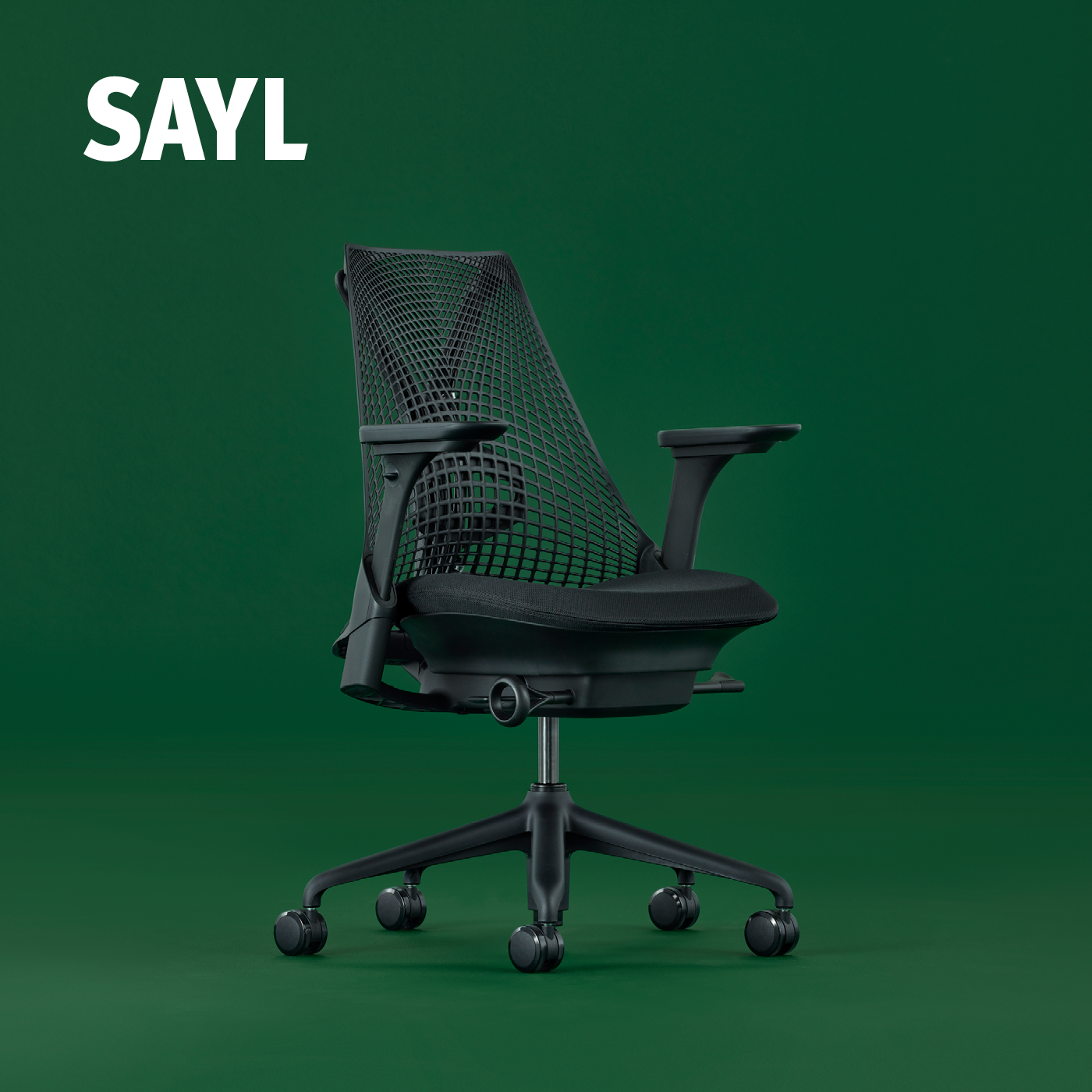 Herman Miller Sayl-bureaustoel in zwart op effen achtergrond